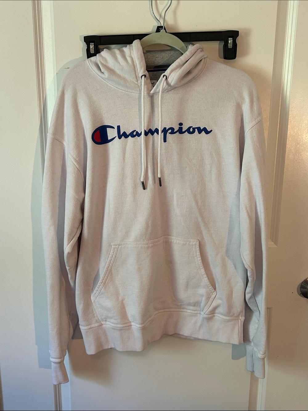 Champion White Crewneck Hoodie with Blue Logo